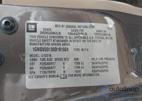 2008 Chevrolet Uplander Lt from USA, damaged, VIN 1GNDV33138D181924